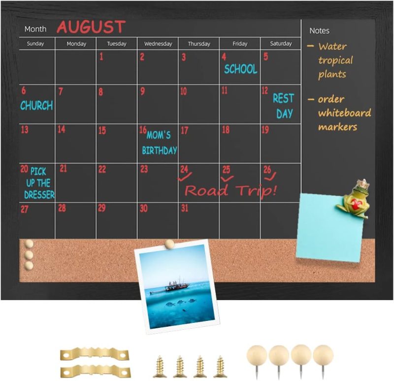 Chalkboard Calendar & Cork Bulletin Board，13" x 17" Black Wood Frame，Magnetic Surface Chalkboard.Perfect for Office, Home School Message Board,Chalkboard+Cork-3343B-BK