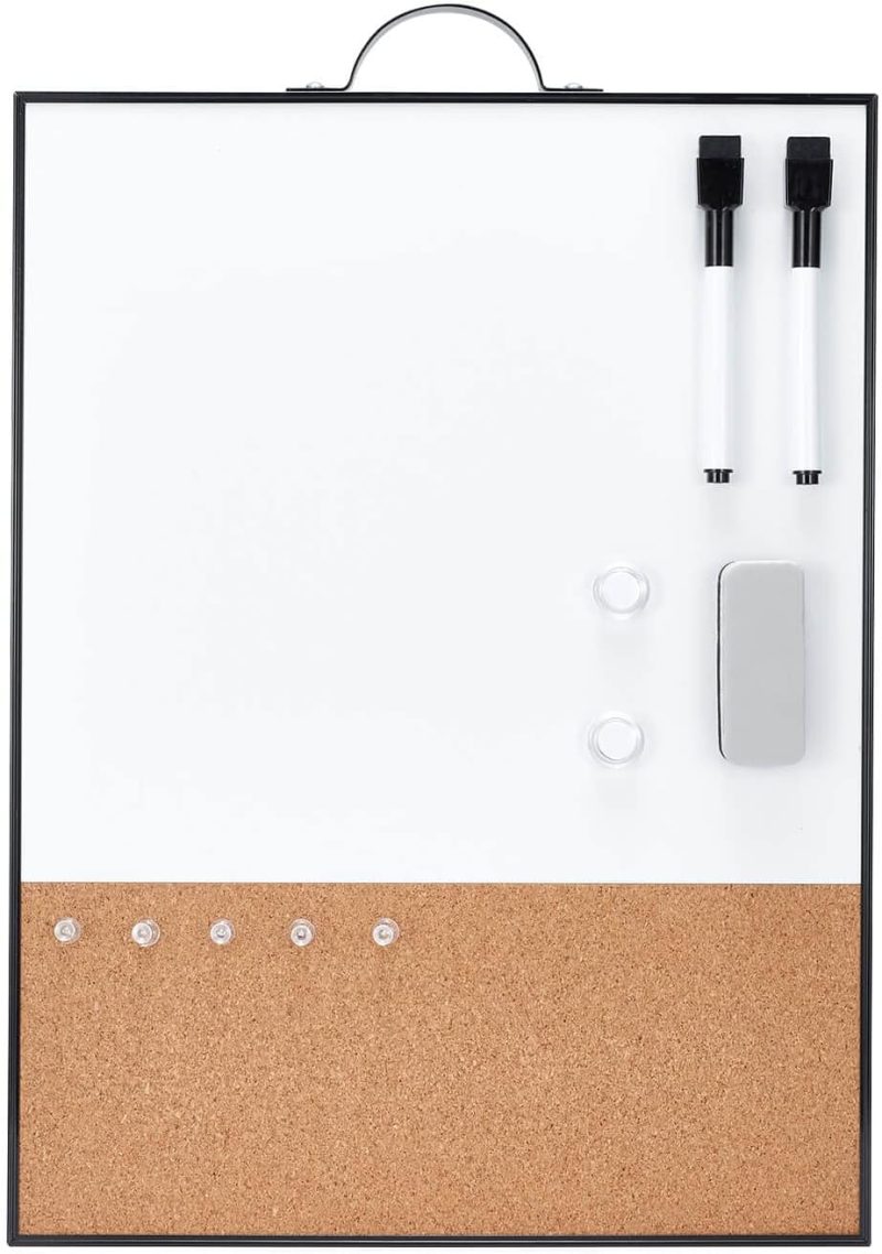Small Whiteboard Cork-Board - 16" X 12" Portable Aluminum Black Framed Magnetic Dry Erase Board, Small Bulletin Cork Board with Holder for Office, Home and School