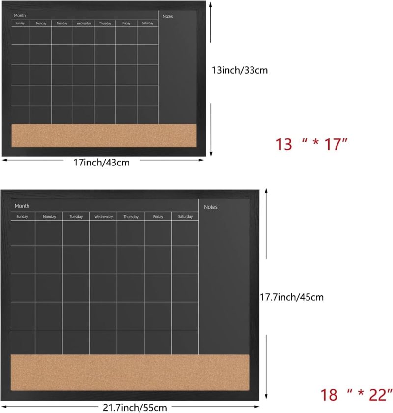 Chalkboard Calendar & Cork Bulletin Board，13" x 17" Black Wood Frame，Magnetic Surface Chalkboard.Perfect for Office, Home School Message Board,Chalkboard+Cork-3343B-BK - Image 2