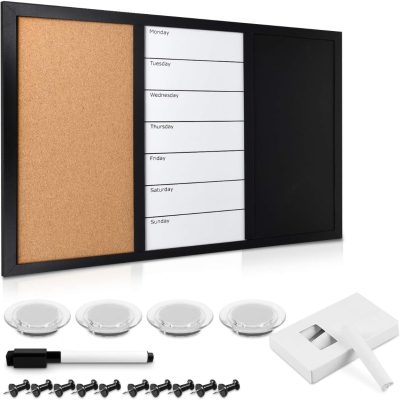 Combination Board Cork/Whiteboard/Chalkboard - 16 x 24 inches Combo Bulletin Magnetic Dry Erase Chalk Board Weekly Planner Message Organizer