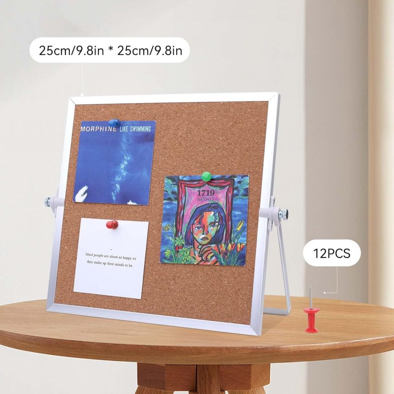 9.8"×9.8" Cork Board Bulletin Board, Double Sided Pin Board with Silver Aluminum Border, Desktop Small Cork Board with Stand Suitable for Home, Office, Desk Message Board or Picture Board - Image 2