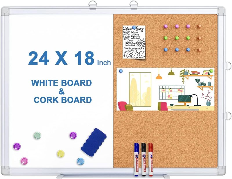 Magnetic White Board and Cork Board Combo, 24 X 18 inches Whiteboard Bulletin Combination Board, Wall Mounted Dry Erase Whiteboard Push Pin Vision Board for Home, School and Office