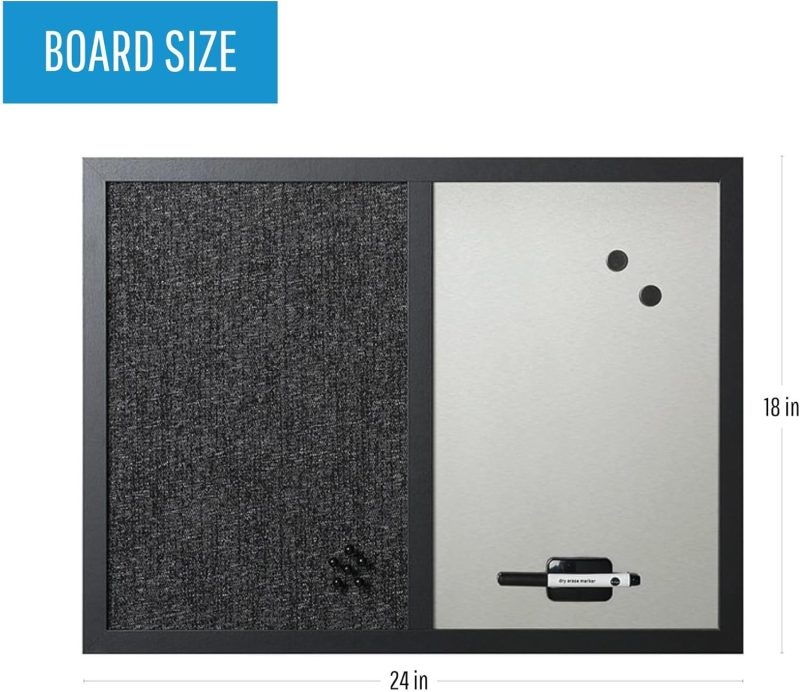 18" x 24", Dry Erase Whiteboard & Bulletin Board Combo, Stylish Metallic Silver, Textured Black Fabric Push Pin Board, Black Wood Frame - Image 2