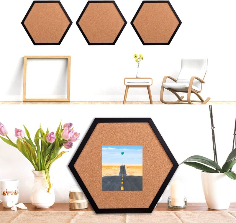 Cork Bulletin Board for Walls, 1/2" Thick Hexagon Pin Board for Walls with Frame, Black Small Corkboard with 10 Push Pins and 10 Wood Clips, Tack Board for Home Office and School 2Pack - Image 2