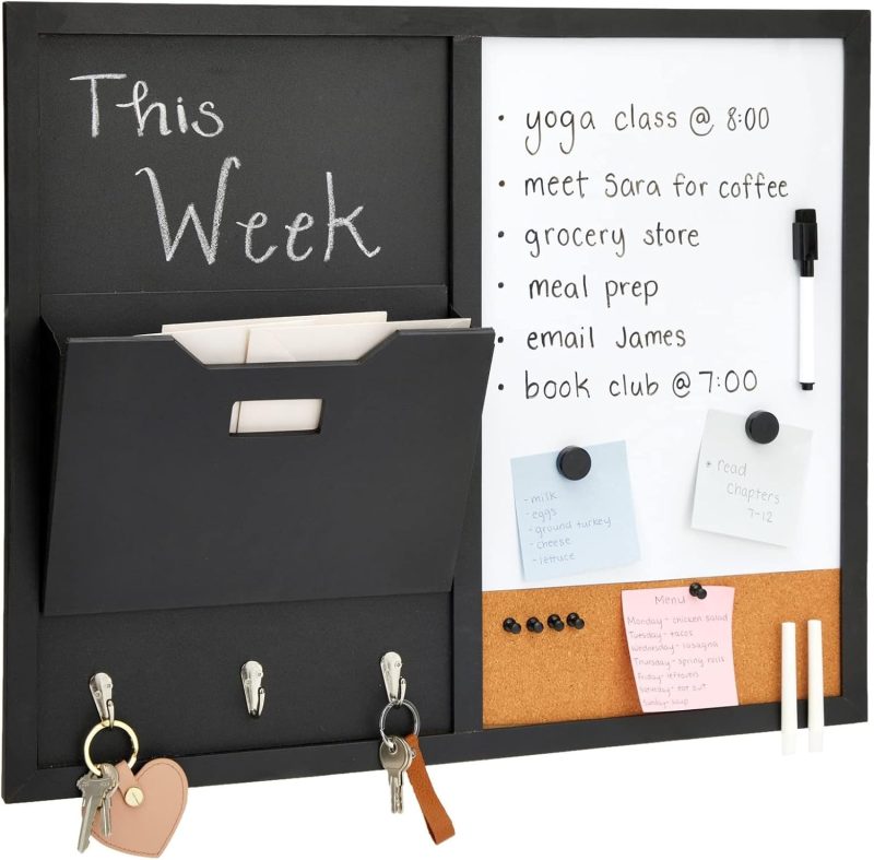 Message Command Center & Wall Mounted Organizer, Family Office Whiteboard, Chalkboard, Cork Board Combo, Mail Inbox Sorter, Key Hooks & Magnets (21.9 x 18.2 x 0.6 inch)