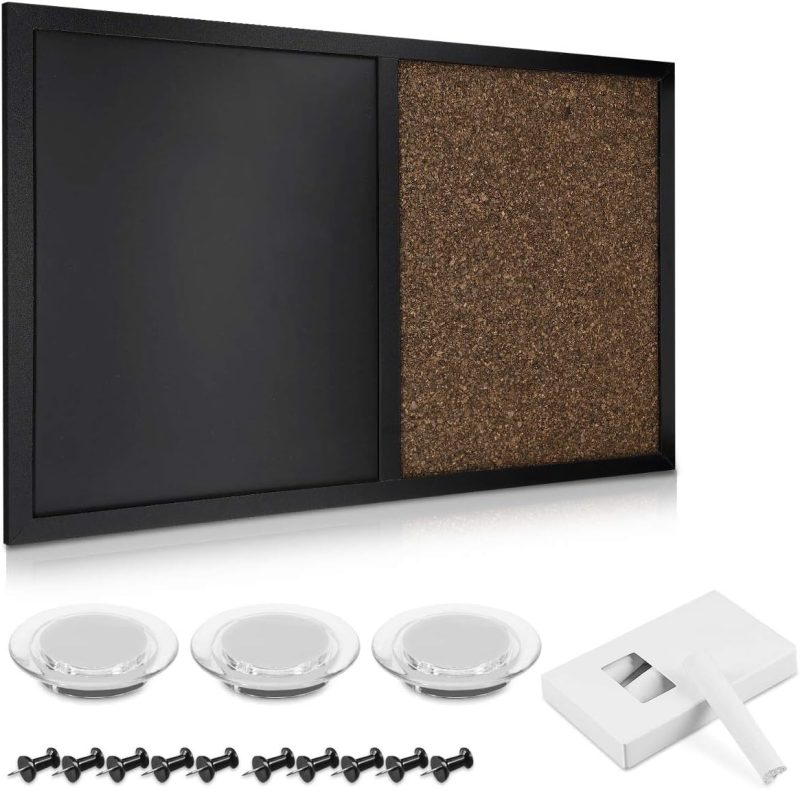 Combination Chalk and Cork Board - 16 x 24 in Magnetic Chalkboard Combo Framed Bulletin Board for Wall - Includes Chalk, Push Pins, Magnets