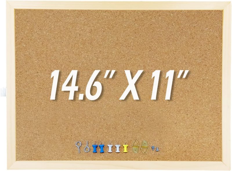 14.6 inches x 11 inches Frame Cork Board for Bulletin Board, Home Decor, Office, School, Message Board and Include Installation kit, Push pins.