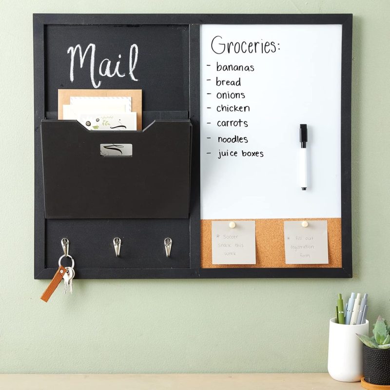 Message Command Center & Wall Mounted Organizer, Family Office Whiteboard, Chalkboard, Cork Board Combo, Mail Inbox Sorter, Key Hooks & Magnets (21.9 x 18.2 x 0.6 inch) - Image 2