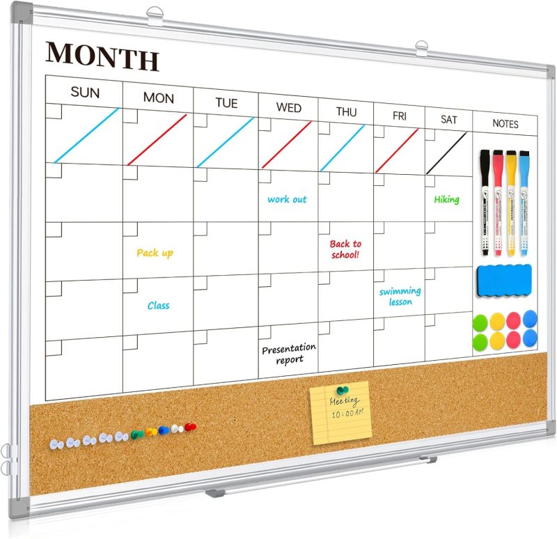 Dry Erase Calendar Board for Wall, 24"x18" Magnetic Whiteboard Calendar Double-Sided Monthly White Board with Cork Board, Aluminum Frame Memo Message Board for Office, Home, School, Kitchen