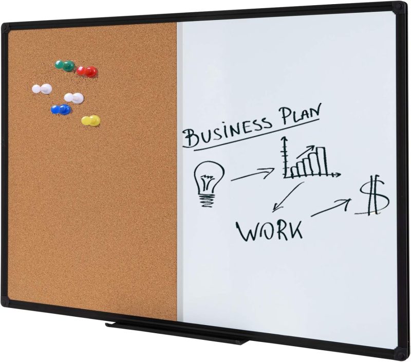 36 x 24 Inch Cork & Dry Erase Combo Board - Magnetic Whiteboard & Bulletin Board Combination - Hanging or Wall-Mounted for Office, Classroom, Home - Black Aluminum Frame