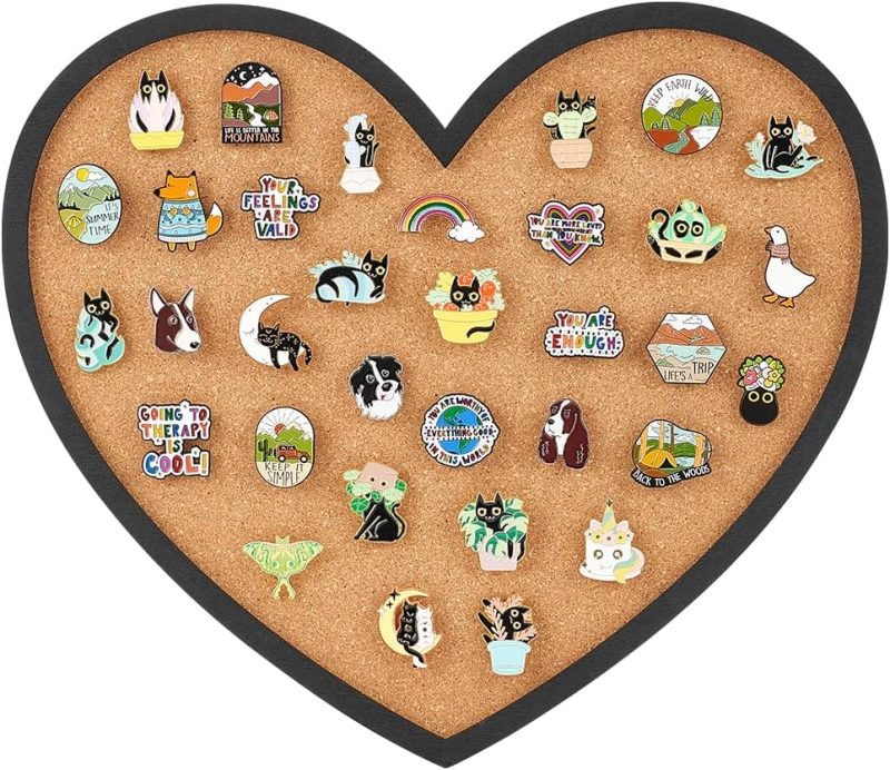 Pin Board Heart Cork Board Bulletin Display Board, 0.8inch Thick Wall Mounted Cork Board for Brooch Pin Storage, Office Home Festival Valentine's Decor, 12.9x11.8inch