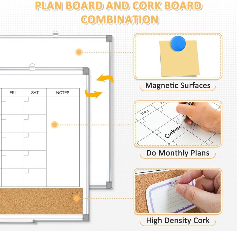 Dry Erase Calendar Board for Wall, 24"x18" Magnetic Whiteboard Calendar Double-Sided Monthly White Board with Cork Board, Aluminum Frame Memo Message Board for Office, Home, School, Kitchen - Image 2