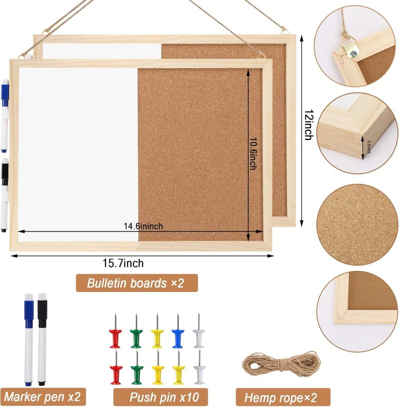 2-Pack Cork Board White Board Combo - 15.7 x 12 inches Whiteboard Bulletin Combination Board Hanging Office White Push Pin Board Vision Board for Room School Office Bedroom (with Pins, Hardware, Rope) - Image 2