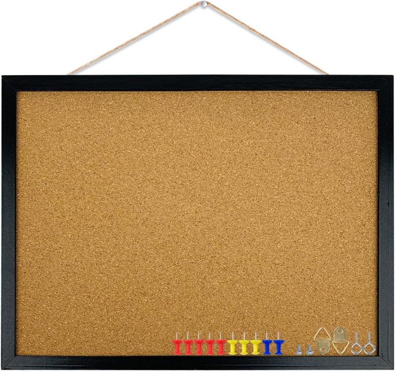 Black Cork Bulletin Board, 17.7 X 13.3 inches with Oak Wood Finish Frame, for Wall Office Home and School (Pins, Eye Bolts, gaskets, Screws)