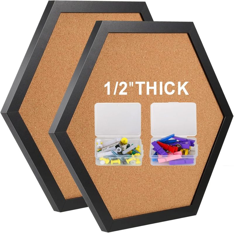 Cork Bulletin Board for Walls, 1/2" Thick Hexagon Pin Board for Walls with Frame, Black Small Corkboard with 10 Push Pins and 10 Wood Clips, Tack Board for Home Office and School 2Pack
