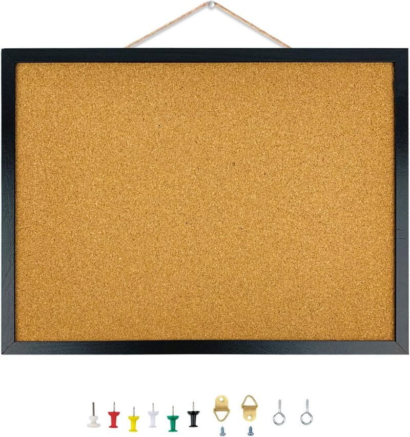 Black Cork Bulletin Board, 15.7 X 12 Inches with Oak Wood Finish Frame, Wall Mounted for Office Home and School(Pins, Eye Bolts, gaskets, Screws)
