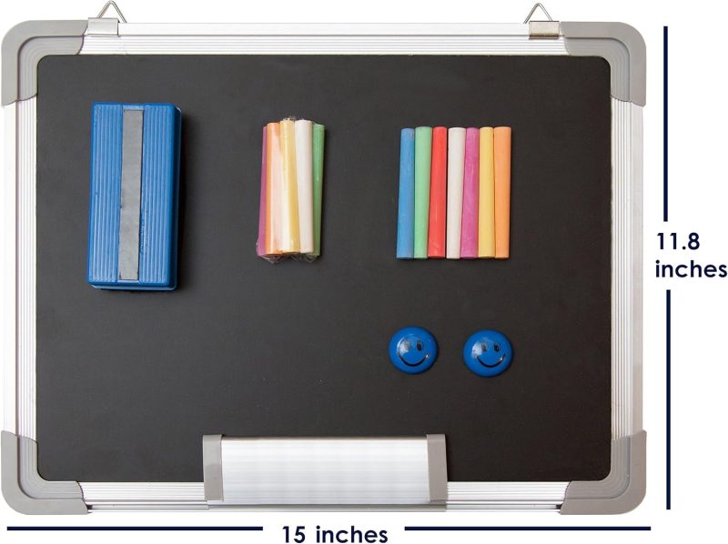 Chalkboard Set - Small Black Board 15 x 12 in with 1 Magnetic Chalk Eraser, 14 Chalk Sticks (7 Colors) and 2 Magnets - Mini Hanging Wall Message Sign Blackboard for Kids Home Office (15x12) - Image 2
