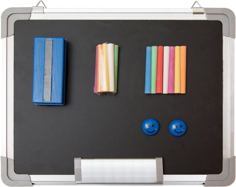 Chalkboard Set - Small Black Board 15 x 12 in with 1 Magnetic Chalk Eraser, 14 Chalk Sticks (7 Colors) and 2 Magnets - Mini Hanging Wall Message Sign Blackboard for Kids Home Office (15x12)