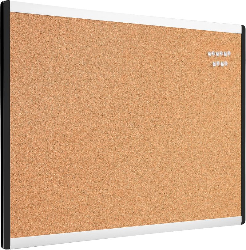 Rectangular Cork Board with Aluminum/Plastic Frame and Mounting Tabs, 23" x 17", Brown